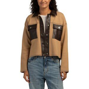 NWT Nanette Lepore Faux Leather Combo Sweater Jacket Tan‎ Brown Women M